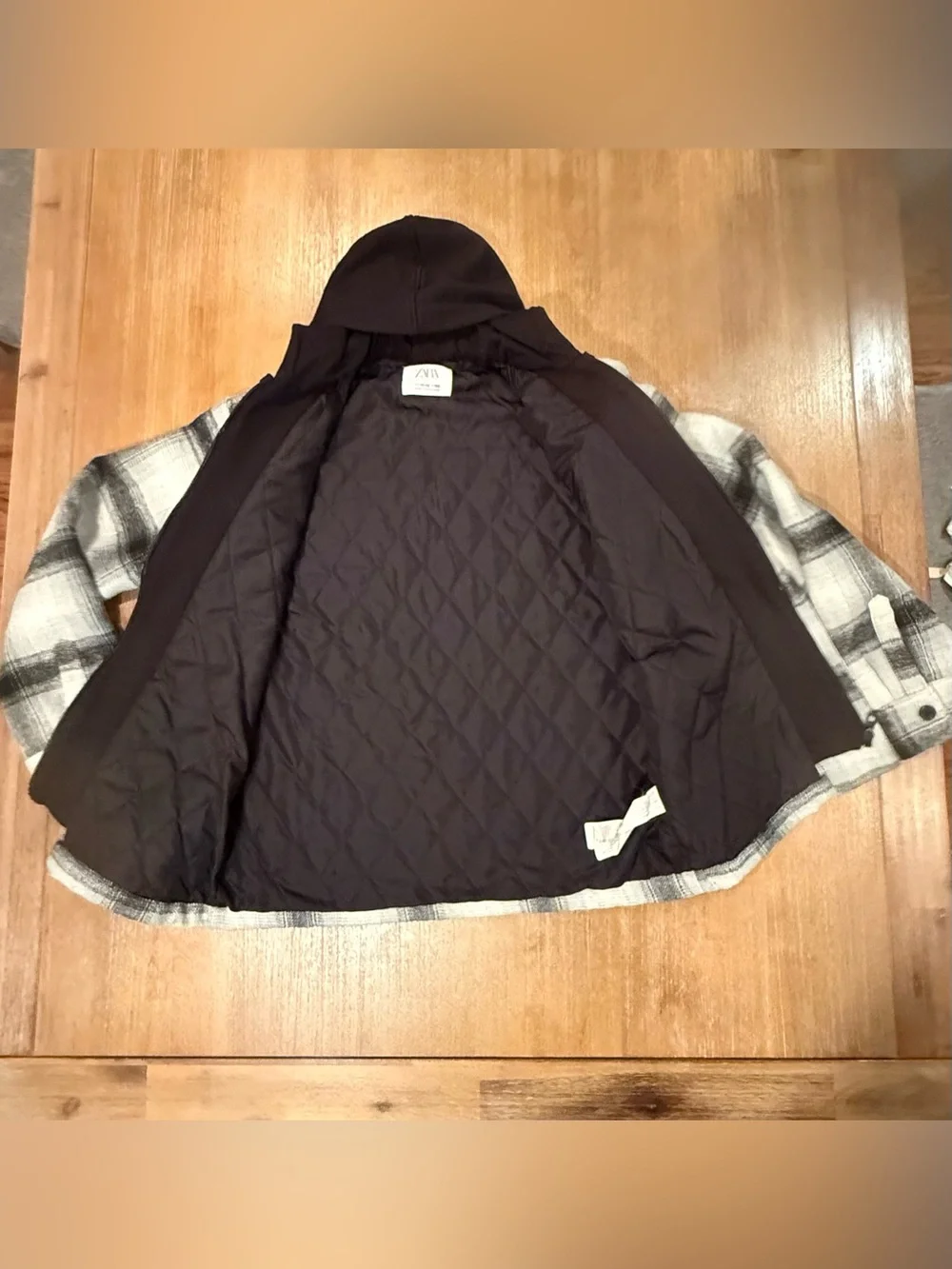 Zara Kids Overshirt Shacket w/Built In Black Hoodie Black White Plaid Size 11/12